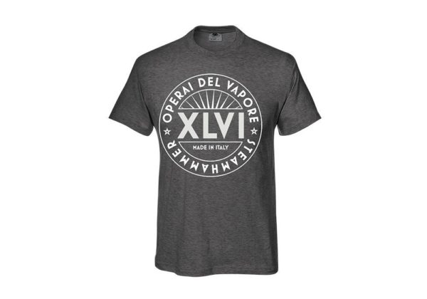 Light grey tshirt with XLVI graphics steam workers operai del vapore
